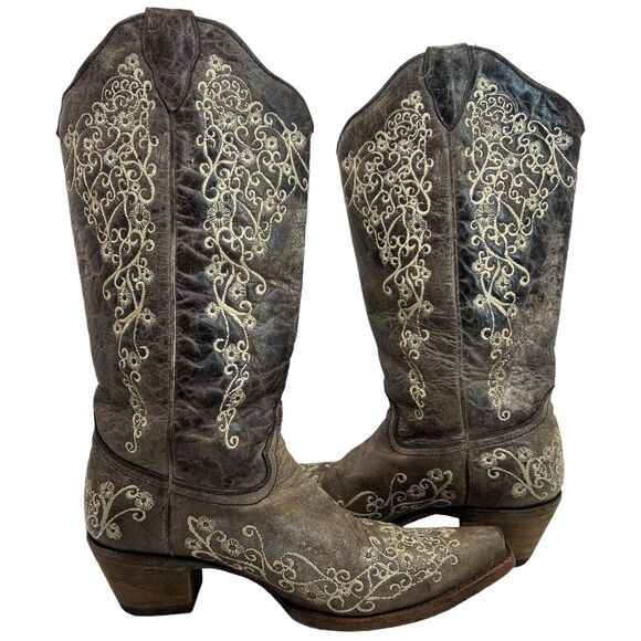 Corral Wedding Big Floral Embroidered Snip Toe Boots Brown/Bone Size 9.5 - Picture 13 of 16